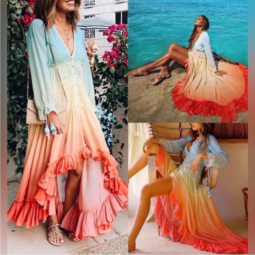 Linjia Shop rainbow ombre boho style dress for women size Medium